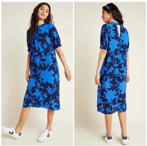 Anthropologie Navy and Cobalt Floral Midi Dress